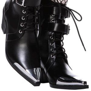 Killstar Violet Boots - Size 10 Silver Toe Heeled Black Boots with Straps